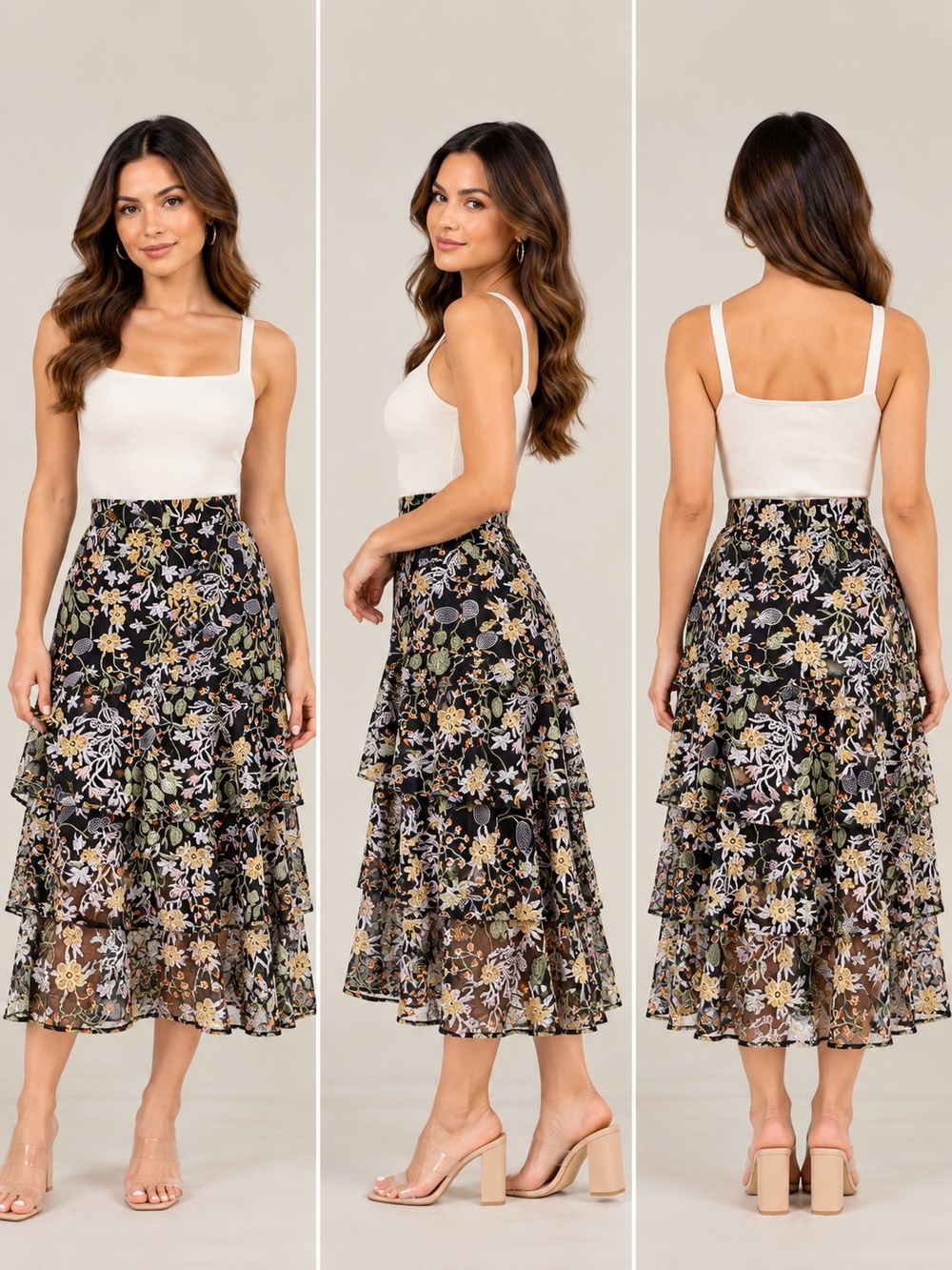Beulah Black Floral Tiered Midi Skirt